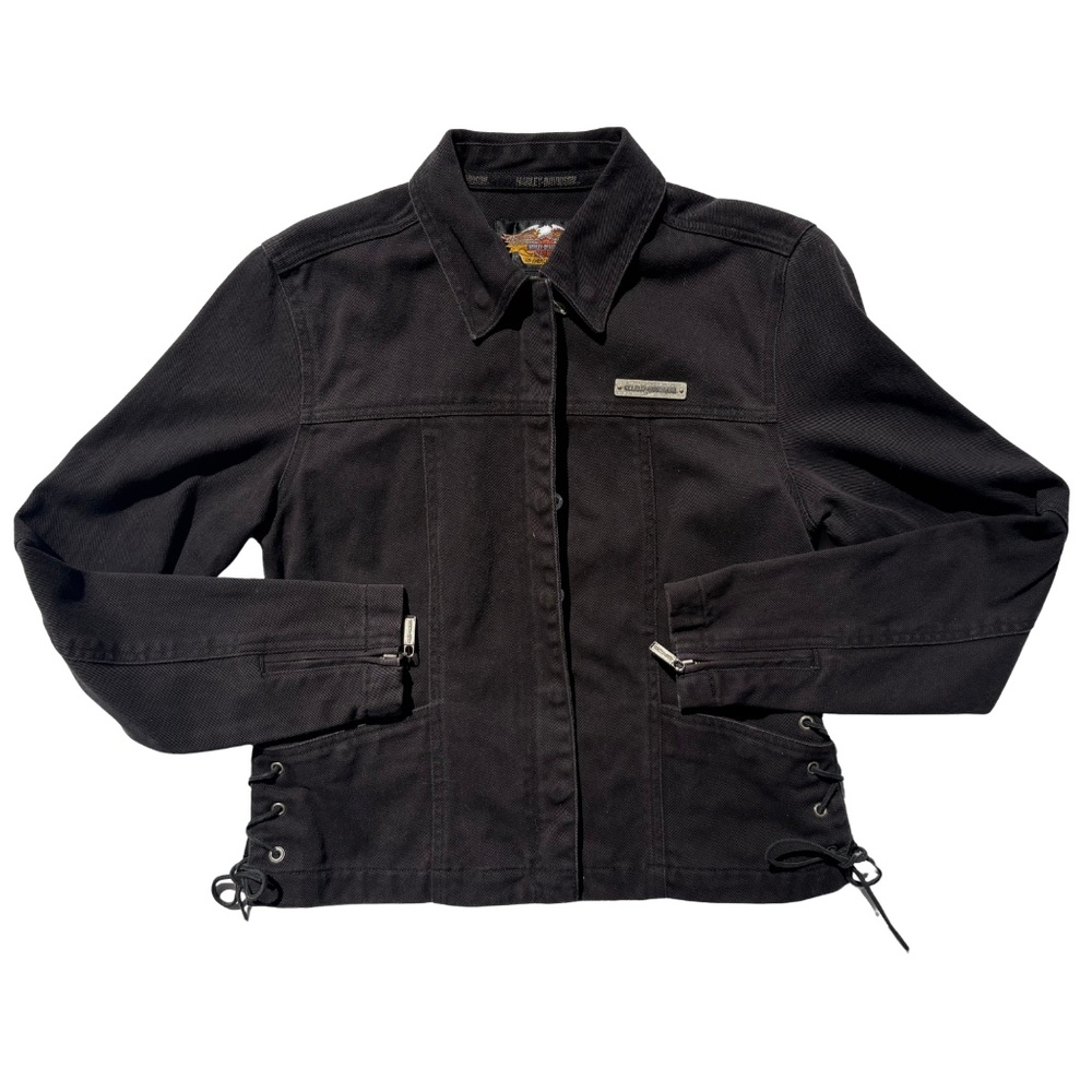 Rare Harley Davidson Womens Canvas Biker Jacket Embroidered Back Side Lace Small